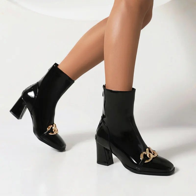 Patent Leather Yellow Red Mature Ladies Winter Warm Shoes Thigh Heels Extra Big Size 50 51 52 Women Ankle Boots With Metal Chain