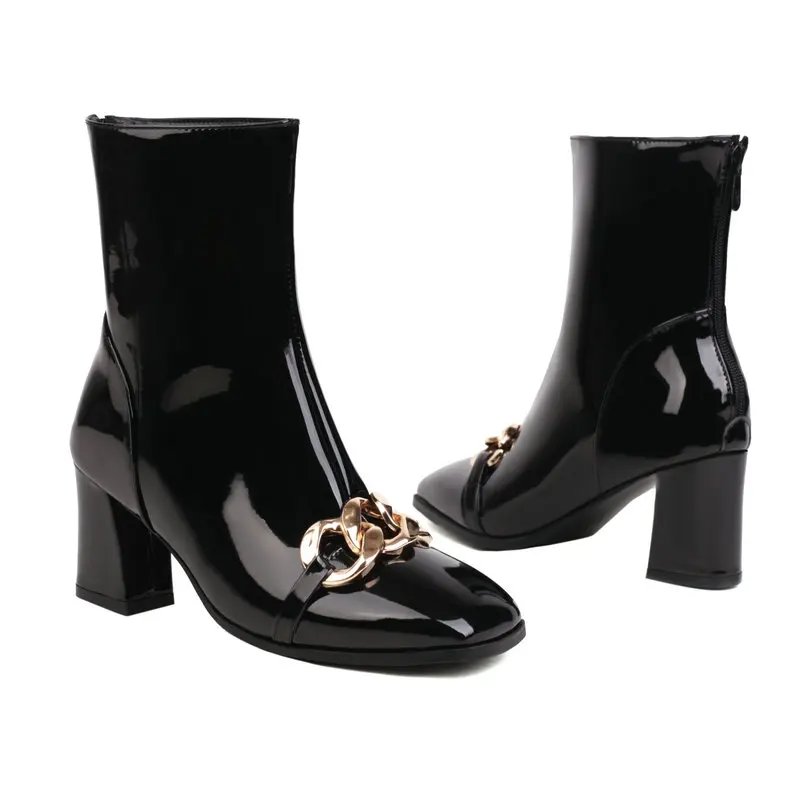 Patent Leather Yellow Red Mature Ladies Winter Warm Shoes Thigh Heels Extra Big Size 50 51 52 Women Ankle Boots With Metal Chain