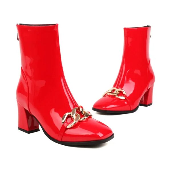 Patent Leather Yellow Red Mature Ladies Winter Warm Shoes Thigh Heels Extra Big Size 50 51 52 Women Ankle Boots With Metal Chain - Image 6