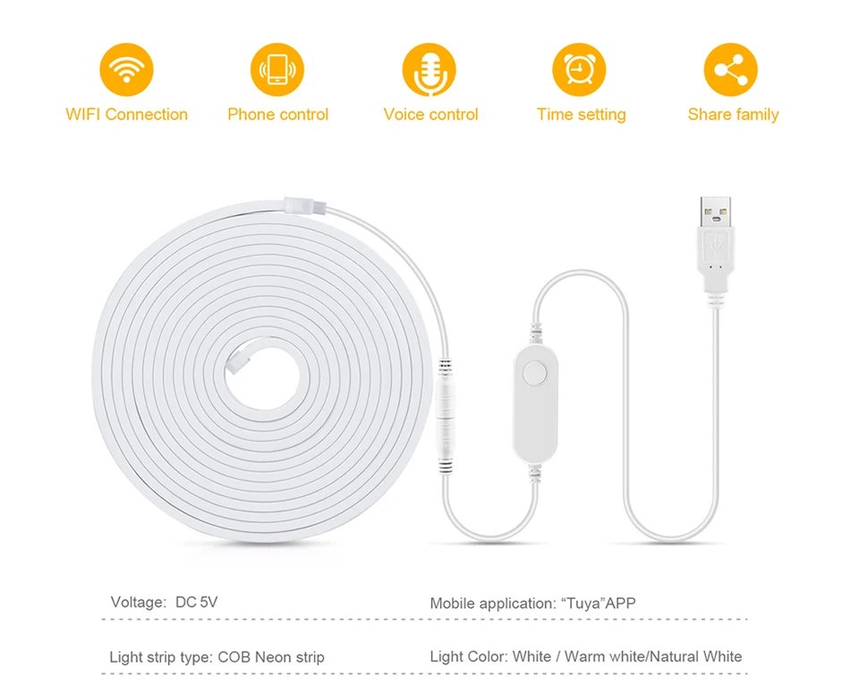 1/2/3/5M Tuya Smart WiFi Neon LED Strip Light 320leds/M USB COB LED Tape Bedroom Wall Kitchen Cabinet Backlight for Alexa Google