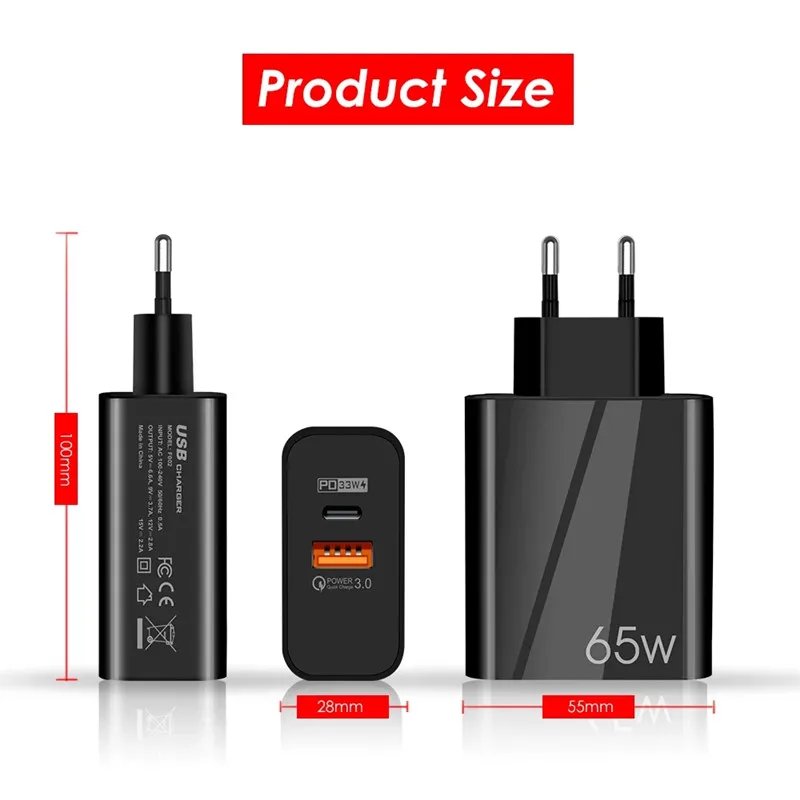 Supercharge USB Type C Cable QC3.0 65W PD fast Charger for Samsung iPhone Xiaomi Huawei Universal Quick Charger