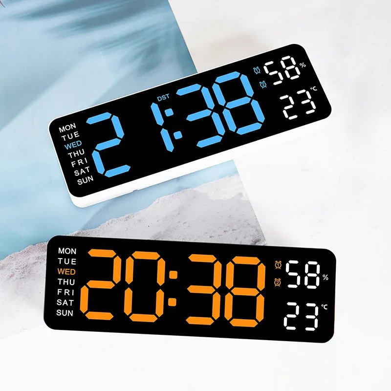 LED  Electronic Digital Alarm Clock Temperature Humidity Week Auto Dimmer Table Clock Number Wall Clock For Bedroom Decor