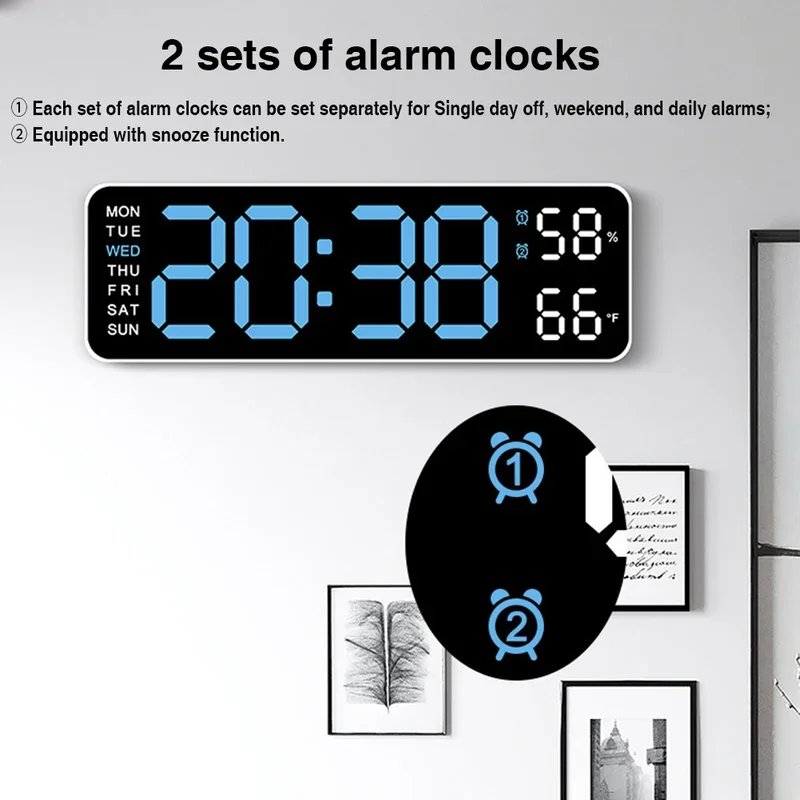 LED  Electronic Digital Alarm Clock Temperature Humidity Week Auto Dimmer Table Clock Number Wall Clock For Bedroom Decor