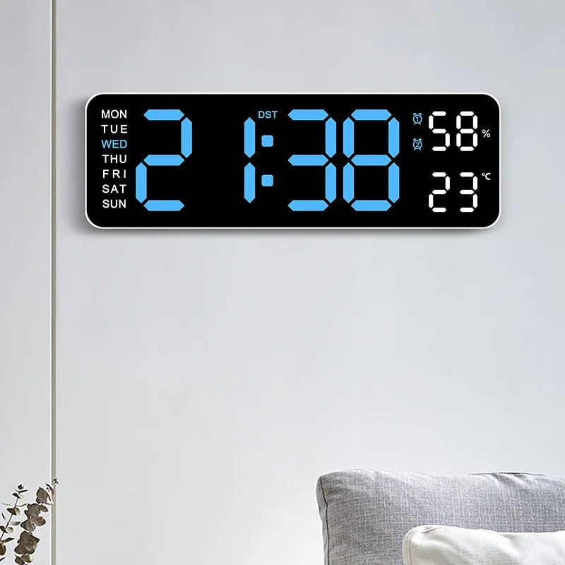 Digital Wall Clock Large LED Screen Temperature Humidity Display Electronic Alarm Clock Creative Home Decoration Remote Control