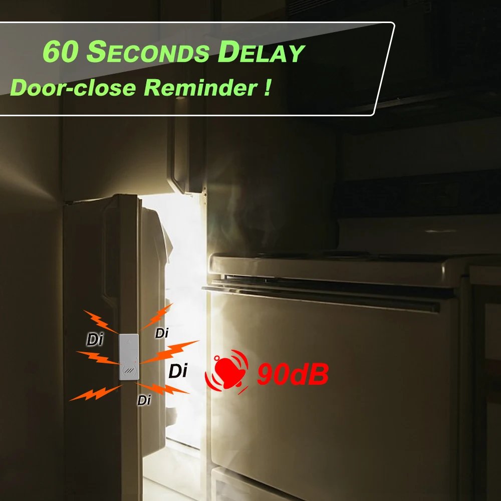 Hollarm Freezer Door Alarm 3/15/30/60 Seconds Adjustable Delay Refrigerator Alarms Wireless Window Door Opening Sensor Loud 90dB