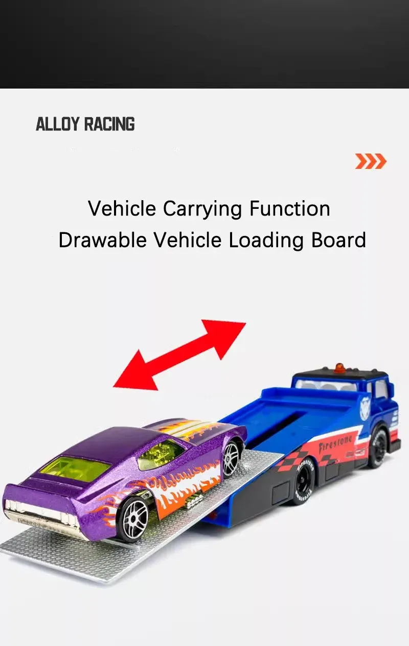 Scale 1:64 Container Alloy Trailer Model Toy Car Diecast Metal Movable Joint Pull Back Rescue Engineering Vehicles Gifts for Kid