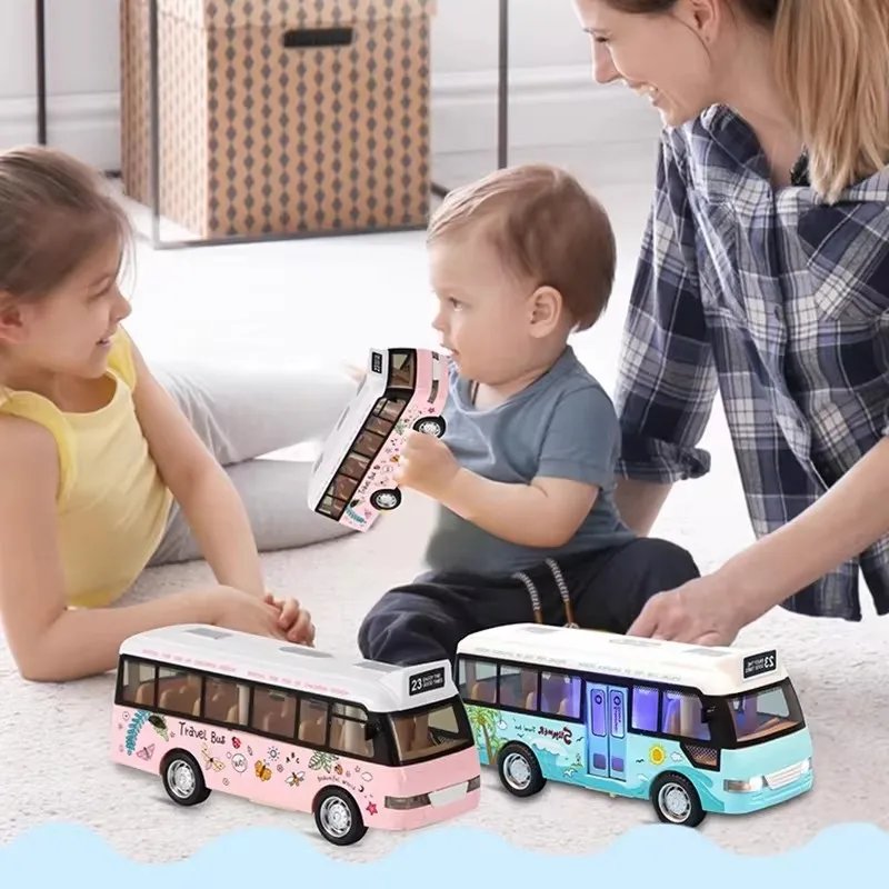 Kids Sound Light Tour School Bus Model Boy Girl Toy Die Cast Metal Little Cars Cars City Bus Friction Powered Play Toys Gift