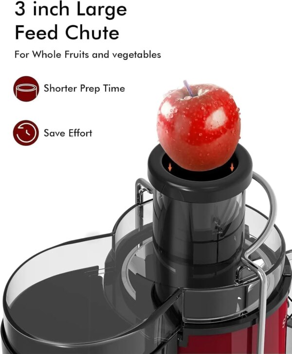 SiFENE 3" Big Mouth Centrifugal Juicer Extractor for Fruits & Vegetables, Compact Juicing Maker, Non-BPA, Easy to Clean, Red - Image 3