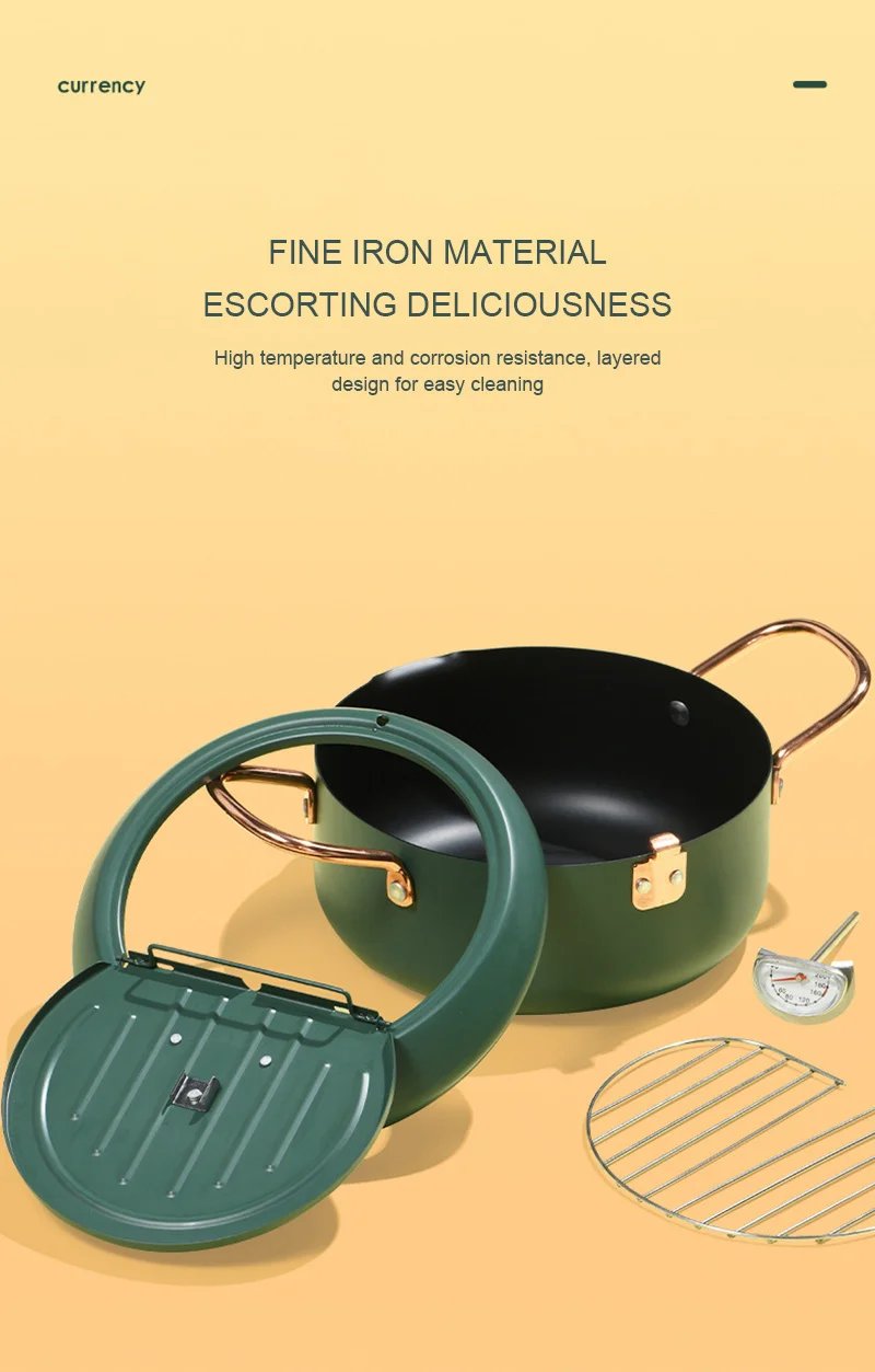 Kitchen Deep Frying Pot Thermometre Tempura Fryer Pan Temperature Control Fried Chicken Pot Cooking Tools Green Stainless Steel