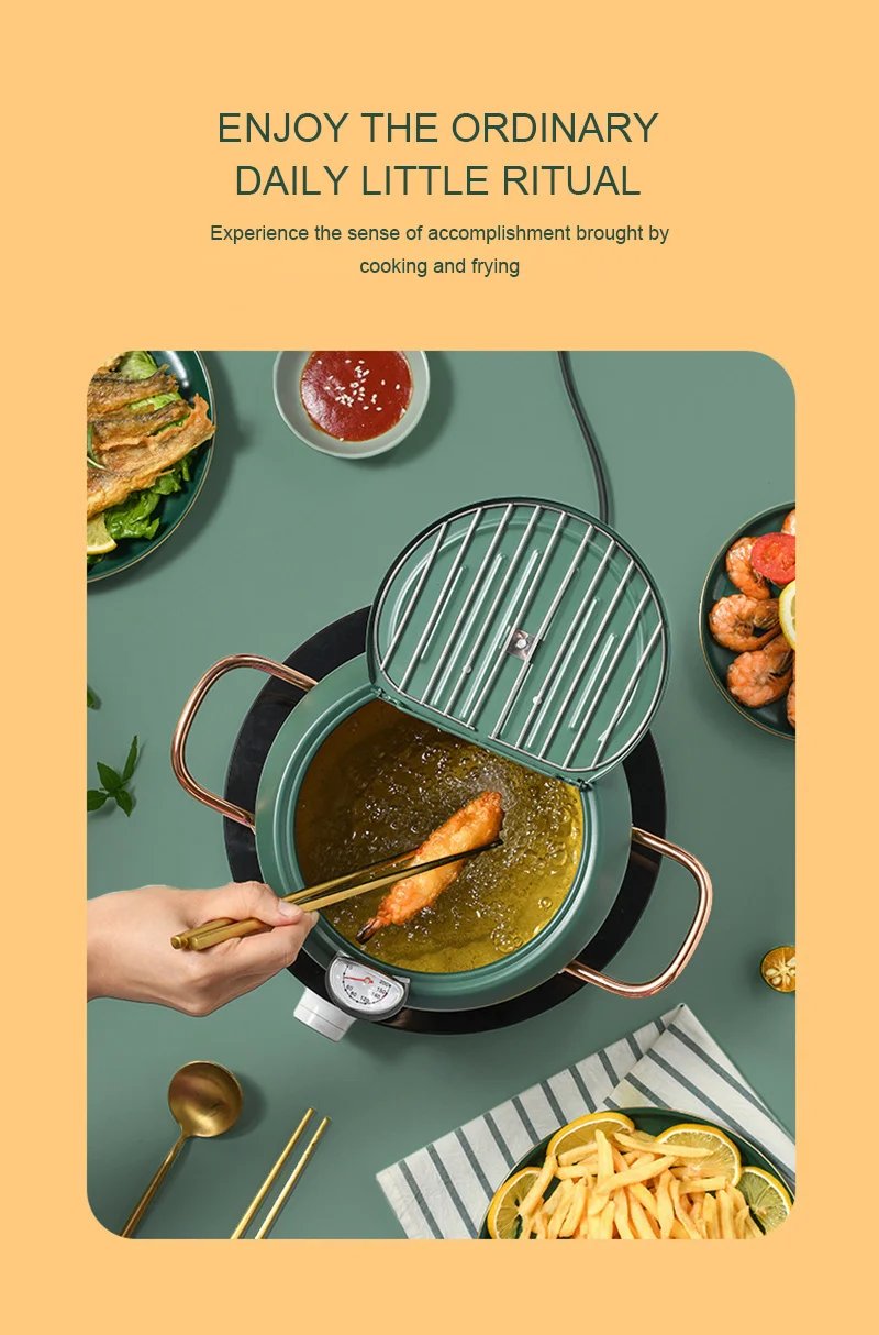 Kitchen Deep Frying Pot Thermometre Tempura Fryer Pan Temperature Control Fried Chicken Pot Cooking Tools Green Stainless Steel