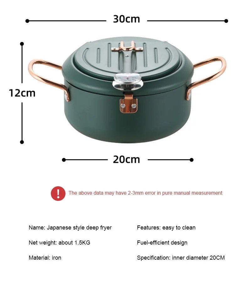 Kitchen Deep Frying Pot Thermometre Tempura Fryer Pan Temperature Control Fried Chicken Pot Cooking Tools Green Stainless Steel