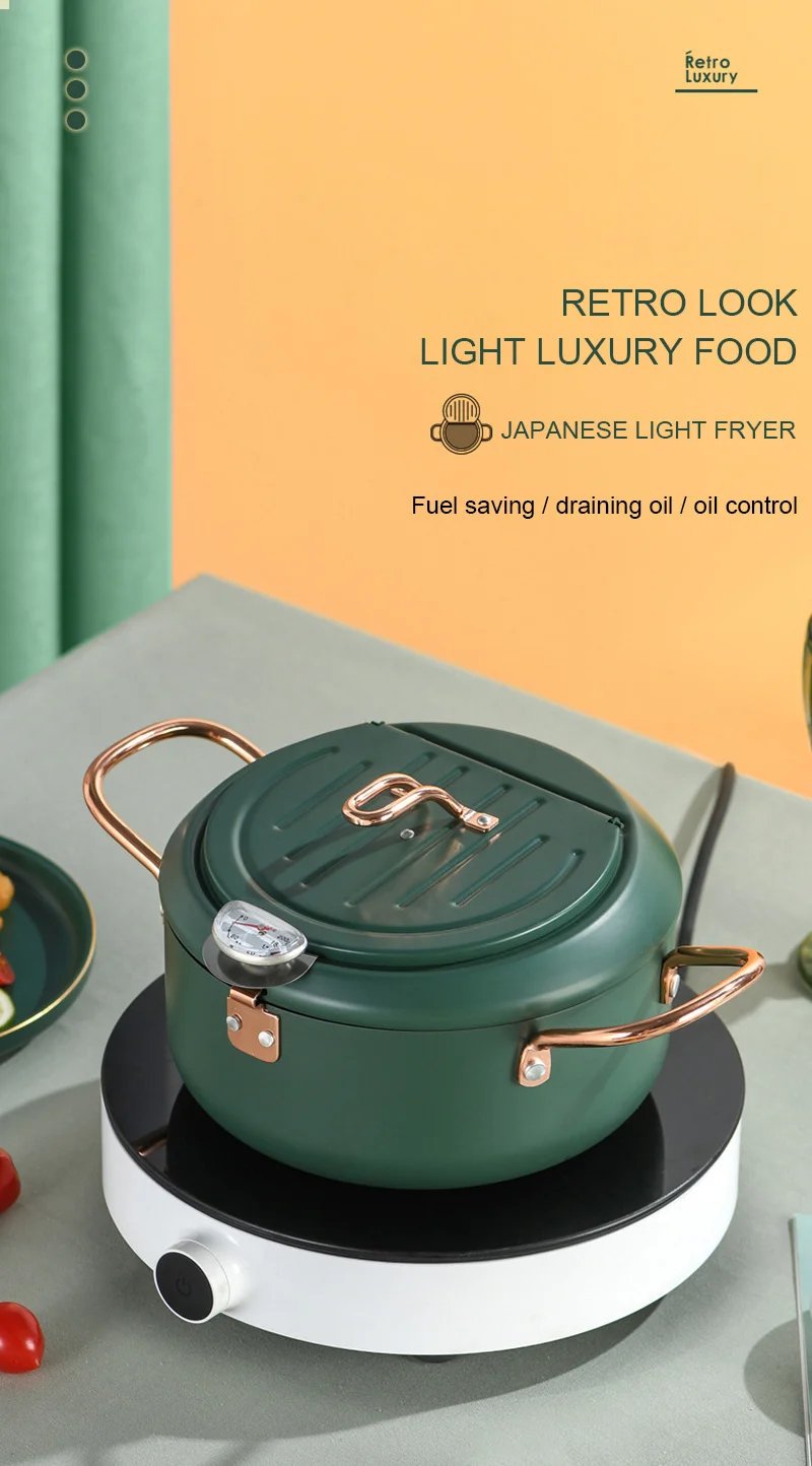 Kitchen Deep Frying Pot Thermometre Tempura Fryer Pan Temperature Control Fried Chicken Pot Cooking Tools Green Stainless Steel