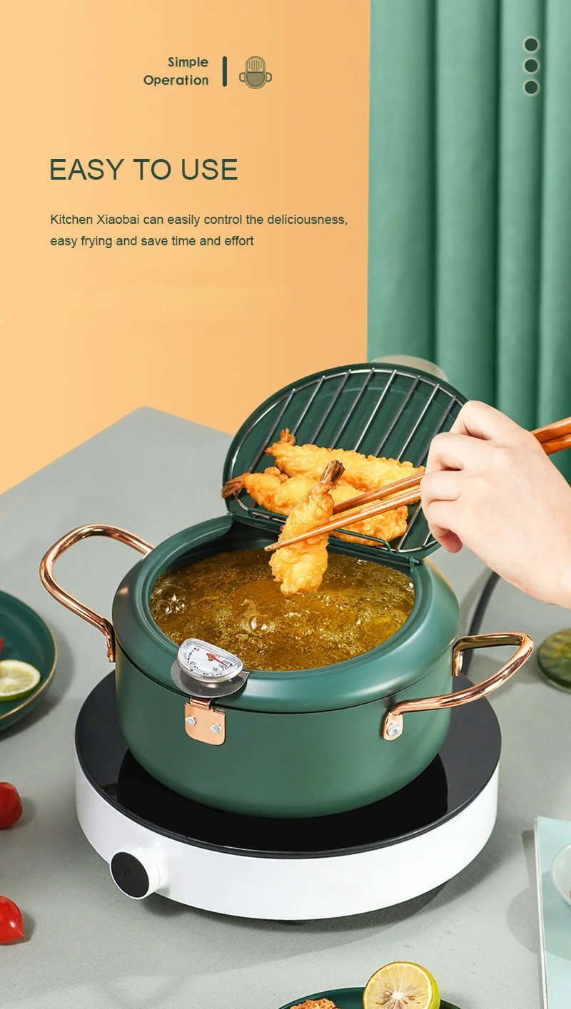 Kitchen Deep Frying Pot Thermometre Tempura Fryer Pan Temperature Control Fried Chicken Pot Cooking Tools Green Stainless Steel