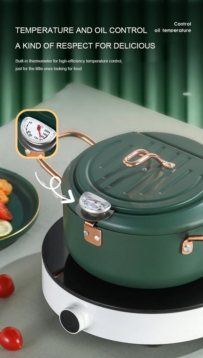 Kitchen Deep Frying Pot Thermometre Tempura Fryer Pan Temperature Control Fried Chicken Pot Cooking Tools Green Stainless Steel