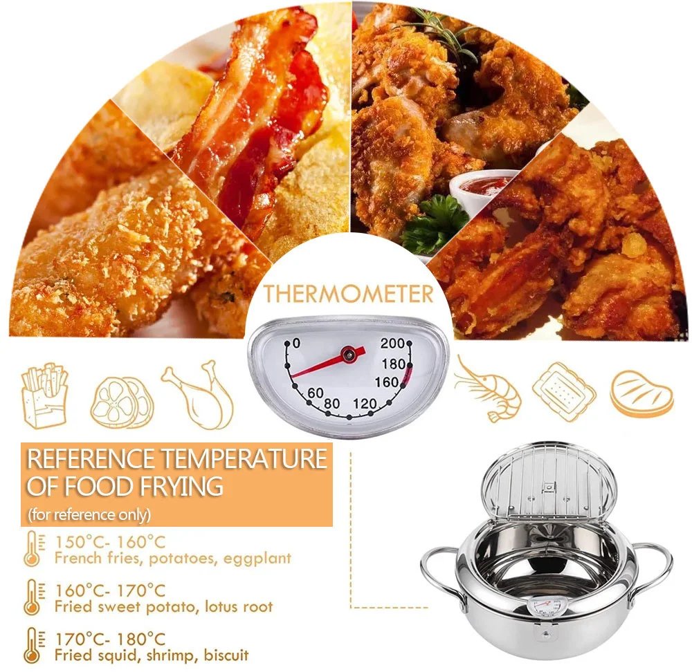 Deep Fryer French Fries 304 Stainless Steel Gas Frying Machine Potato Fryer With Oil Cooking Pot Fried Chicken With Thermometer