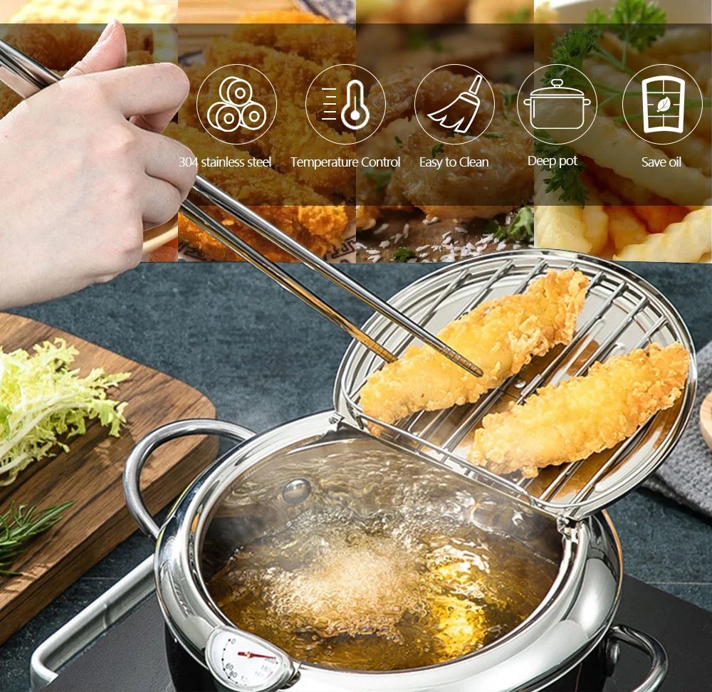 Deep Fryer French Fries 304 Stainless Steel Gas Frying Machine Potato Fryer With Oil Cooking Pot Fried Chicken With Thermometer