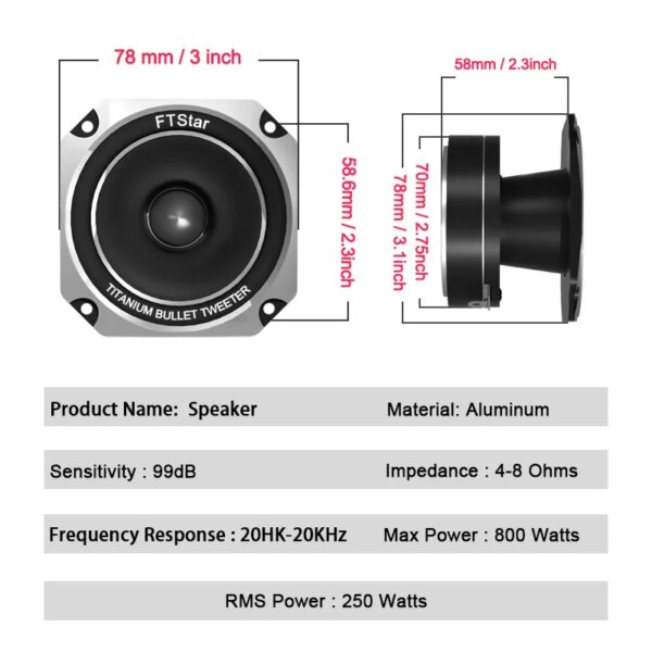 3 inch Car Speakers 800W Auto Door Audio Subwoofer High Quality Full Range Frequency Speaker Titanium Bullet Tweeter - Image 2