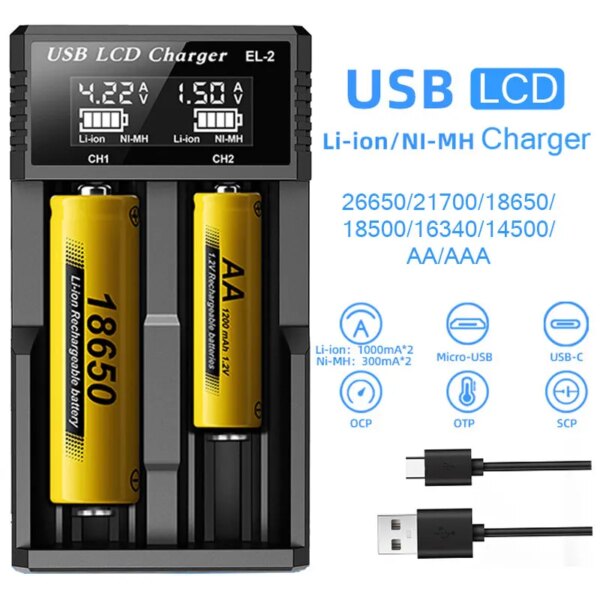 USB LCD Battery Smart Charger 1 / 2 Slots Dual For 18650 3.7V Rechargeable Lithium Battery For 1.2V NI-MH AA / AAA Battery