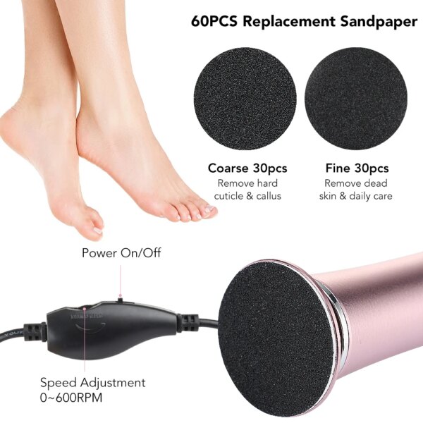 Electric Foot Callus Remover Foot Care File Heels Dead Skin Pedicure Tool Electronic Foot Grinder and Replacement Sandpaper - Image 2