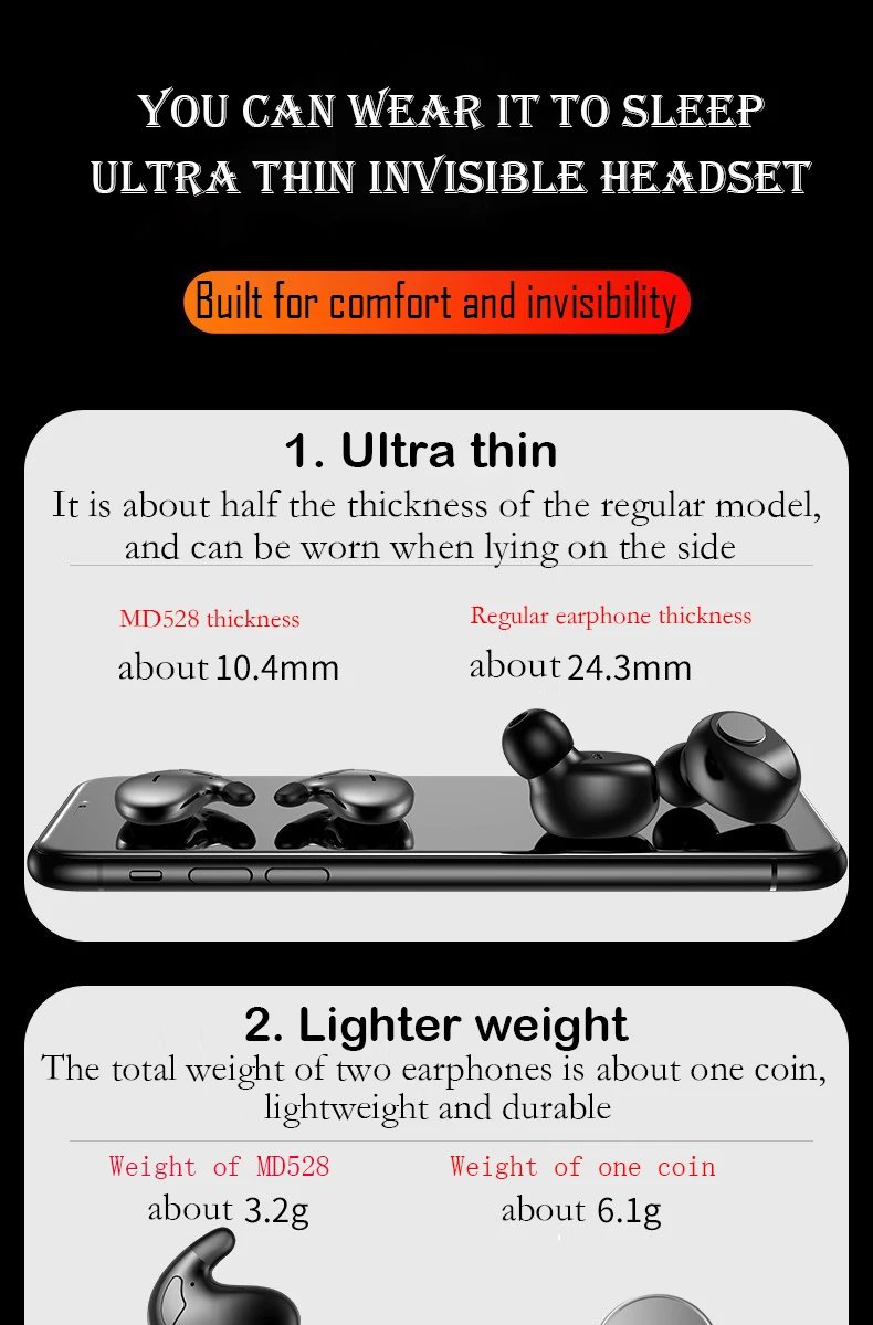 SK Ultra-thin Sleep Headphones 5.3 Wireless Bluetooth Headset Invisible Earbuds Hidden In Ear Button Sports Earphones Waterproof