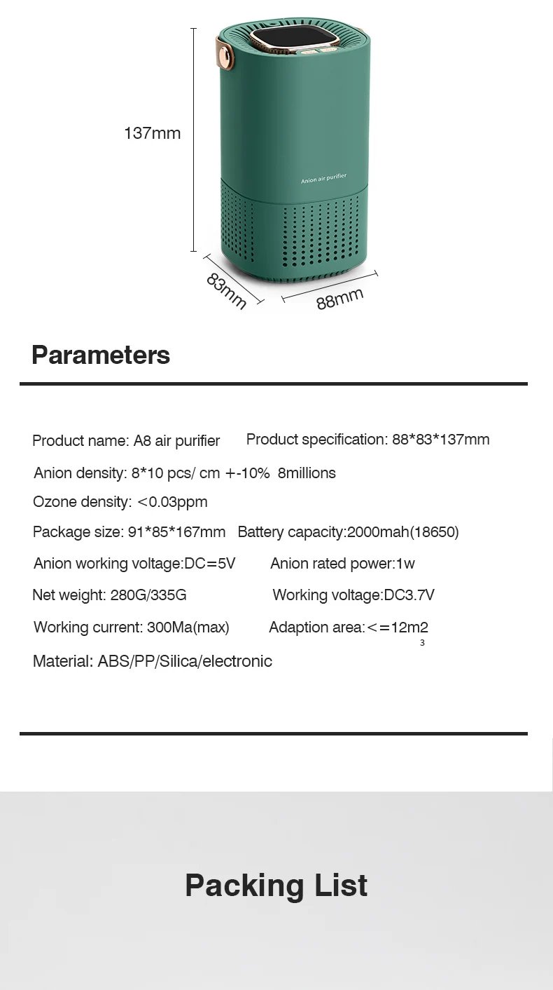 Portable Air Purifier Ionizer Negative Ion Generator Hepa Filter Car Air Freshener Home Appliance Purificador De Aire