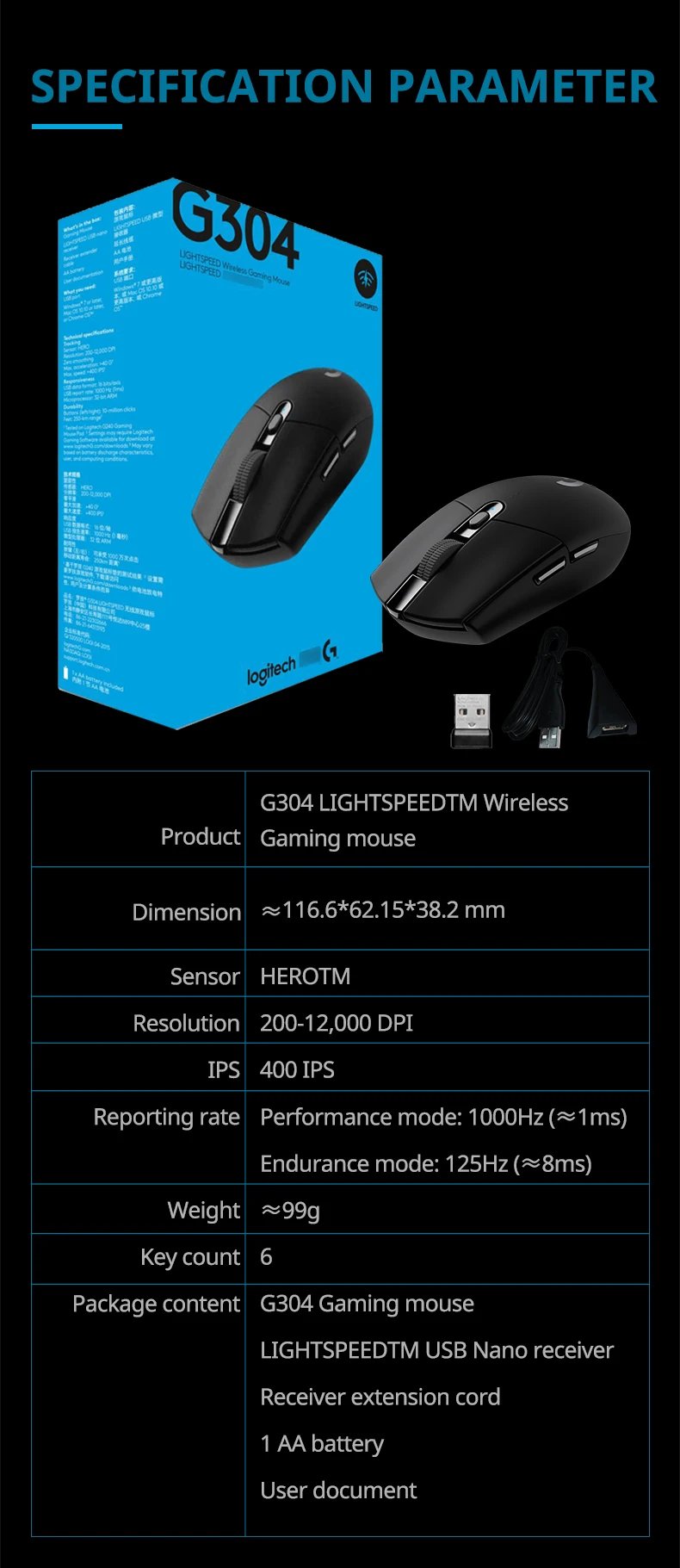 Logitech G304 Lightspeed Wireless Gaming Mouse 6 Programmable Buttons 12000DPI Battery Usb Stock RGB Wireless Mouse