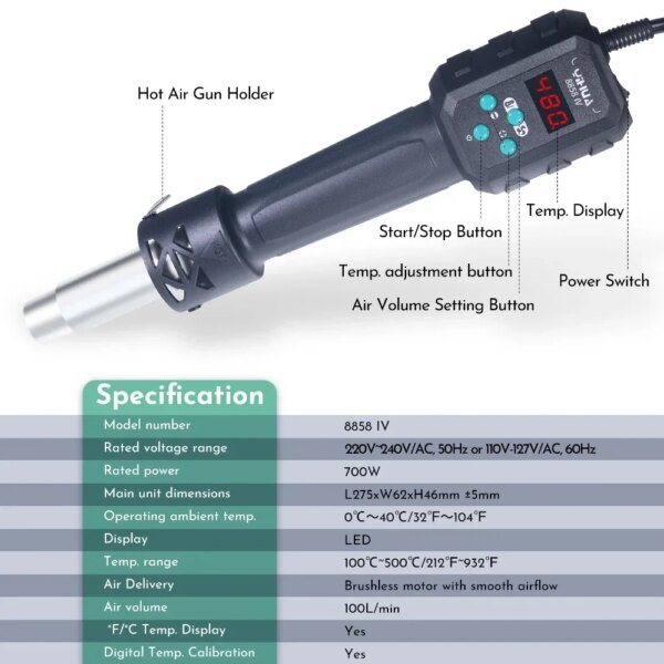 YIHUA Micro Hot Air Gun  C/F Temp Adjusted 8858IV 700W Soldering Rework Welding Station LCD Digital Heat Gun BGA IC Solder Tools - Image 6