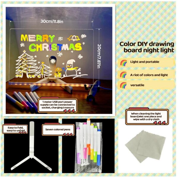 LED Note Board With Night Light Colorful 7 Pens DIY Acrylic Message Board Children‘s Drawing Board For Kids Birthday Gift - Image 5