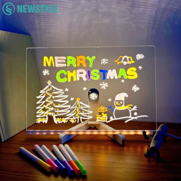 LED Note Board With Night Light Colorful 7 Pens DIY Acrylic Message Board Children‘s Drawing Board For Kids Birthday Gift