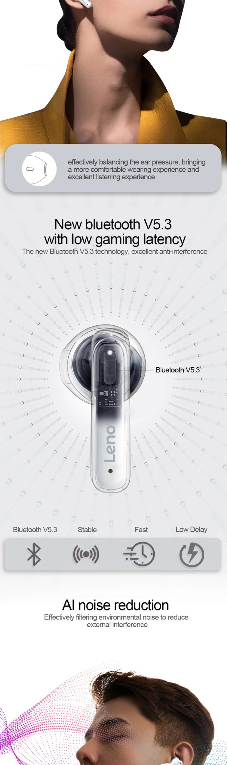Original Lenovo XT98 Bluetooth Earphones Sports Wireless Headphones Stereo Noise Reduction HD Call Earbuds with Mic Waterproof