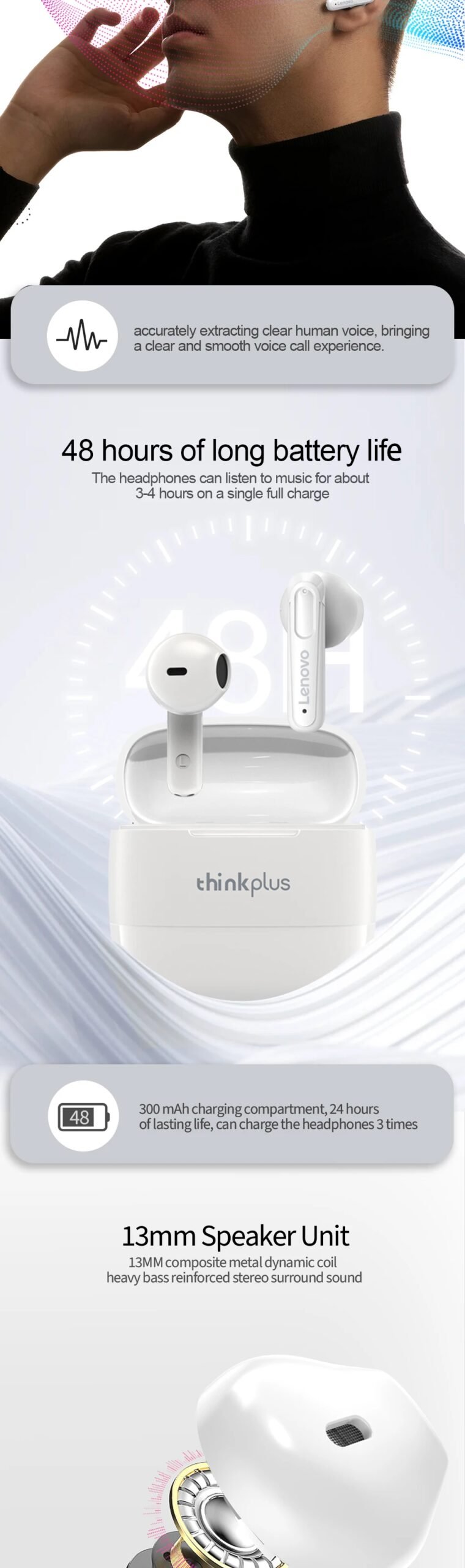 Original Lenovo XT98 Bluetooth Earphones Sports Wireless Headphones Stereo Noise Reduction HD Call Earbuds with Mic Waterproof