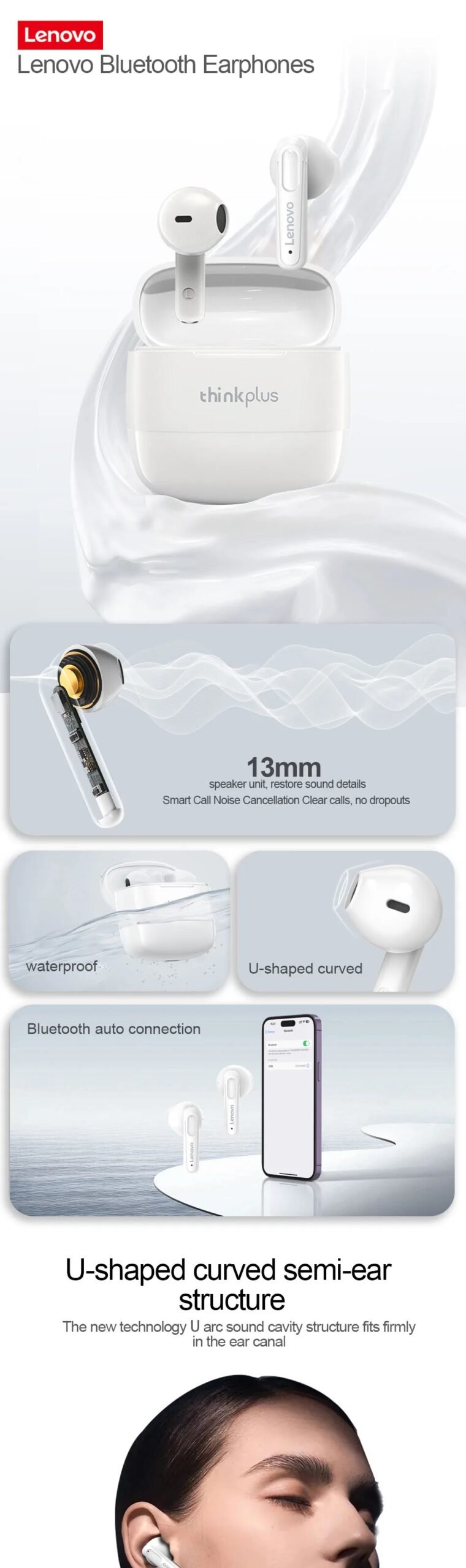 Original Lenovo XT98 Bluetooth Earphones Sports Wireless Headphones Stereo Noise Reduction HD Call Earbuds with Mic Waterproof