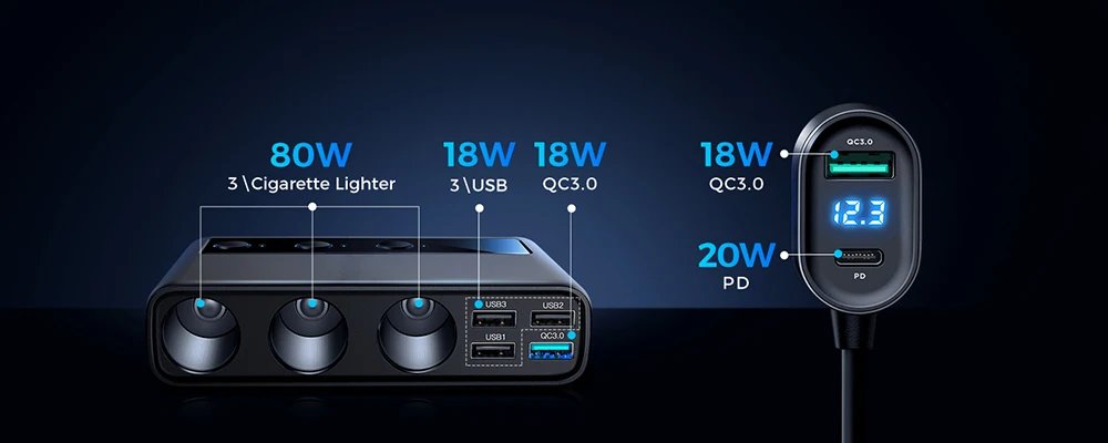 Joyroom 154W  9 in 1 Car Charger Adapter PD 3 Socket Cigarette Lighter Splitter Charge Independent Switches DC Cigarette Outlet