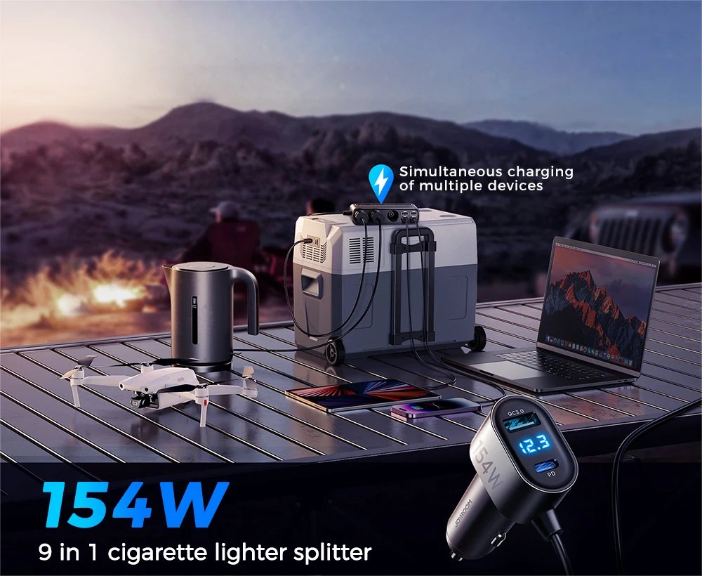 Joyroom 154W  9 in 1 Car Charger Adapter PD 3 Socket Cigarette Lighter Splitter Charge Independent Switches DC Cigarette Outlet