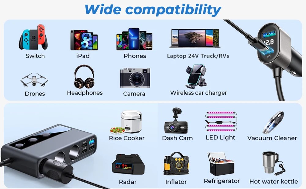 Joyroom 154W  9 in 1 Car Charger Adapter PD 3 Socket Cigarette Lighter Splitter Charge Independent Switches DC Cigarette Outlet