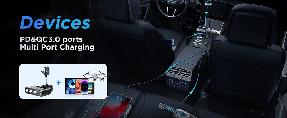 Joyroom 154W  9 in 1 Car Charger Adapter PD 3 Socket Cigarette Lighter Splitter Charge Independent Switches DC Cigarette Outlet