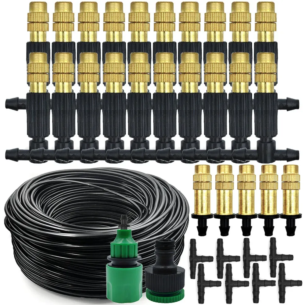 5M-30M Outdoor Misting Cooling System Garden Irrigation Watering 1/4” Brass Atomizer Nozzles 4/7mm Hose for Patio Greenhouse