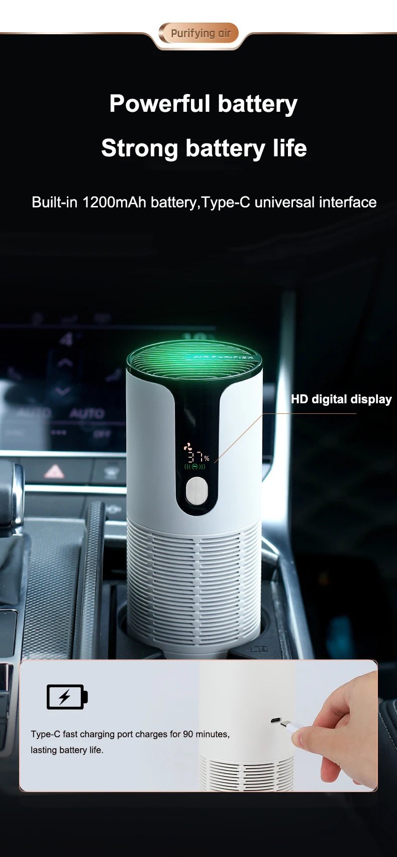 Car Air Purifier Portable Negative Ion Generator USB Rechargeable Formaldehyde Deodorizer Smoke Odor Remover Air Cleaner