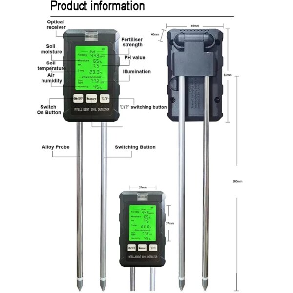 Soil Detector For Gardening And Planting Soil Fertility Moisture Temperature PH Value Illumination 6 in 1 Measures Soil Detector - Image 6