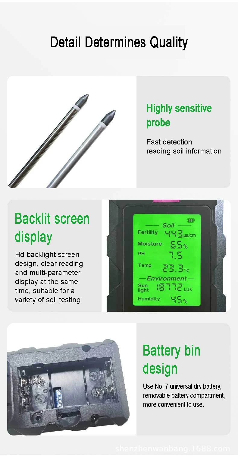 Soil Detector For Gardening And Planting Soil Fertility Moisture Temperature PH Value Illumination 6 in 1 Measures Soil Detector