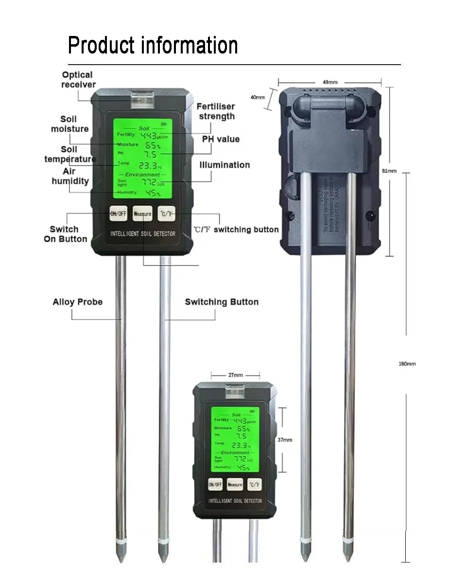 Soil Detector For Gardening And Planting Soil Fertility Moisture Temperature PH Value Illumination 6 in 1 Measures Soil Detector