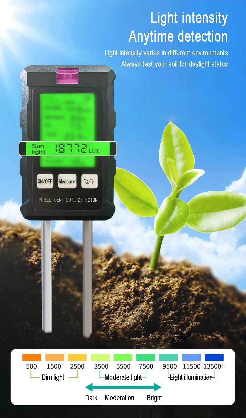 Soil Detector For Gardening And Planting Soil Fertility Moisture Temperature PH Value Illumination 6 in 1 Measures Soil Detector