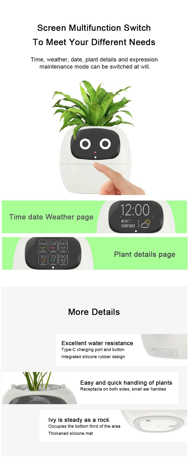 Artificial Intelligence AI Pet Flowerpot Planting Robot 7 Smart Sensors Smart Planter Plant Time Temperature Display Flower Pots