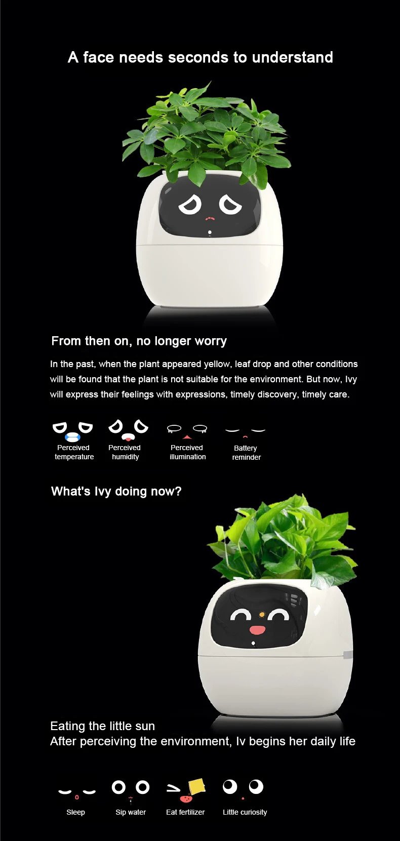 Artificial Intelligence AI Pet Flowerpot Planting Robot 7 Smart Sensors Smart Planter Plant Time Temperature Display Flower Pots