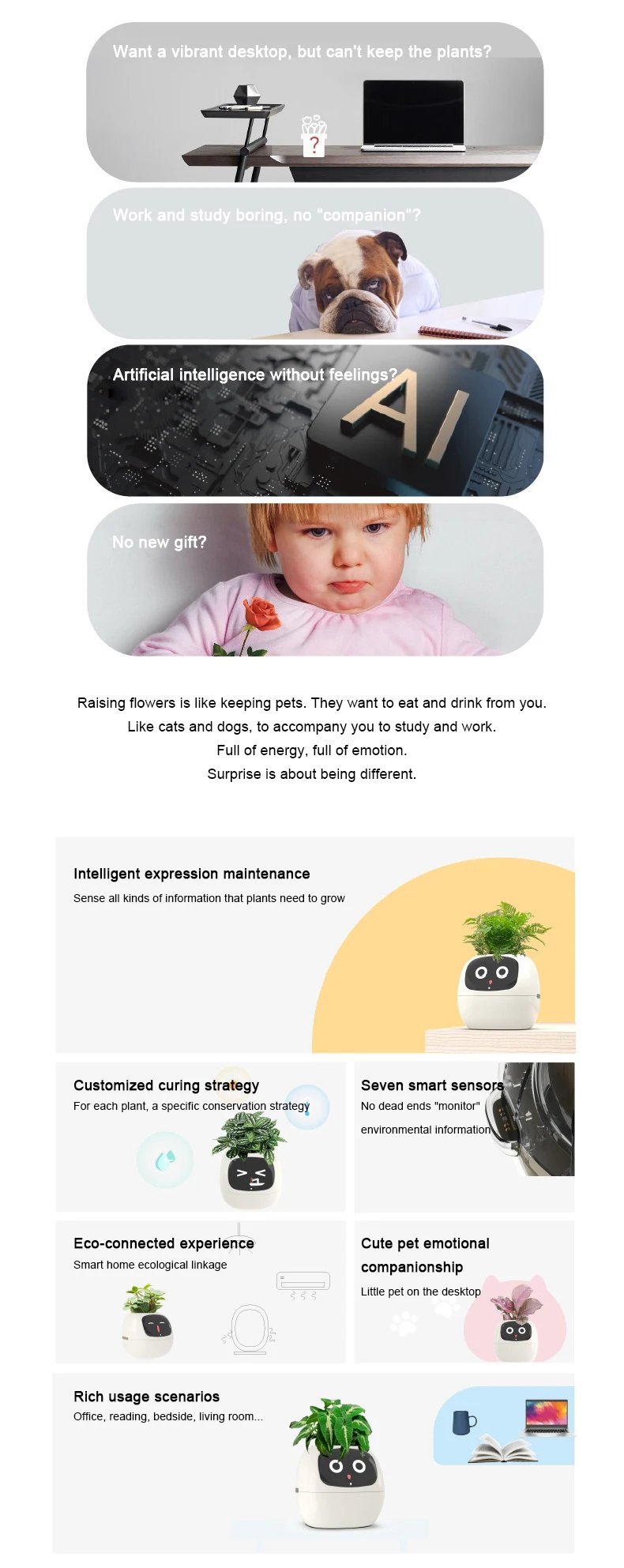 Artificial Intelligence AI Pet Flowerpot Planting Robot 7 Smart Sensors Smart Planter Plant Time Temperature Display Flower Pots