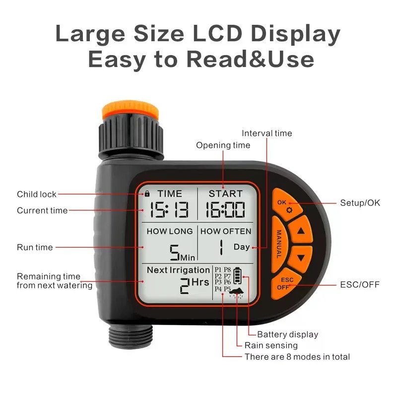 Intelligent Garden Drip Irrigation Timer Large Screen LCD Automatic Watering Controller Gardens Balcony Farms Outdoor Irrigation
