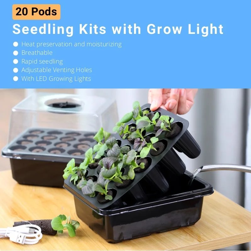 Fruit and Vegetable Seedling Pot Set 20 Hole Seedling Box+Intelligent Fill Light Seedling Tray New Gardening Planting Supplies