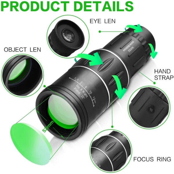 16x52 HD Portable Green Film Monocular Telescope,For Birdwatching Hiking Concert Photography Powerful Long Range Spyglass - Image 4