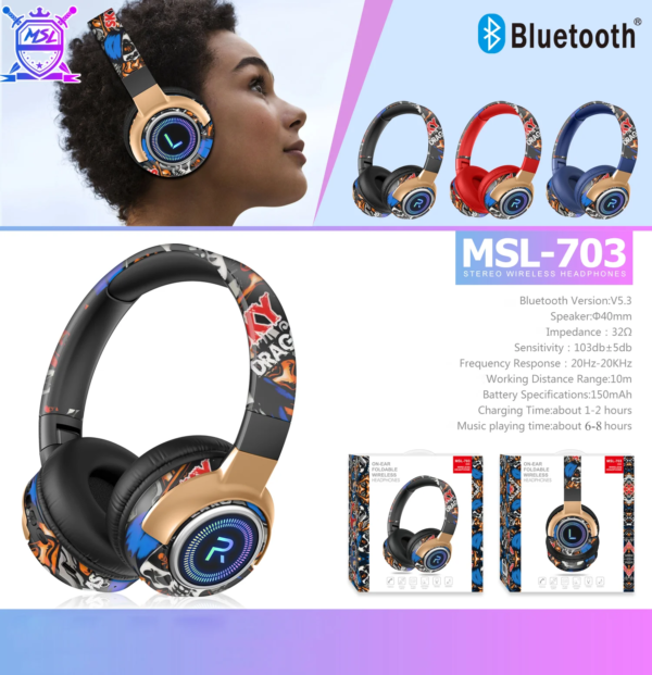 #LED Graffiti Wireless Bluetooth Headsets Hifi Stereo Foldable Headphone Sport Gamer Earphone Noise Reduction Headsets Handsfree - Image 2