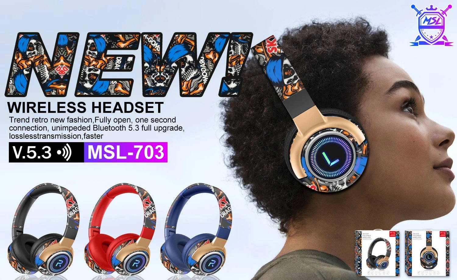 #LED Graffiti Wireless Bluetooth Headsets Hifi Stereo Foldable Headphone Sport Gamer Earphone Noise Reduction Headsets Handsfree
